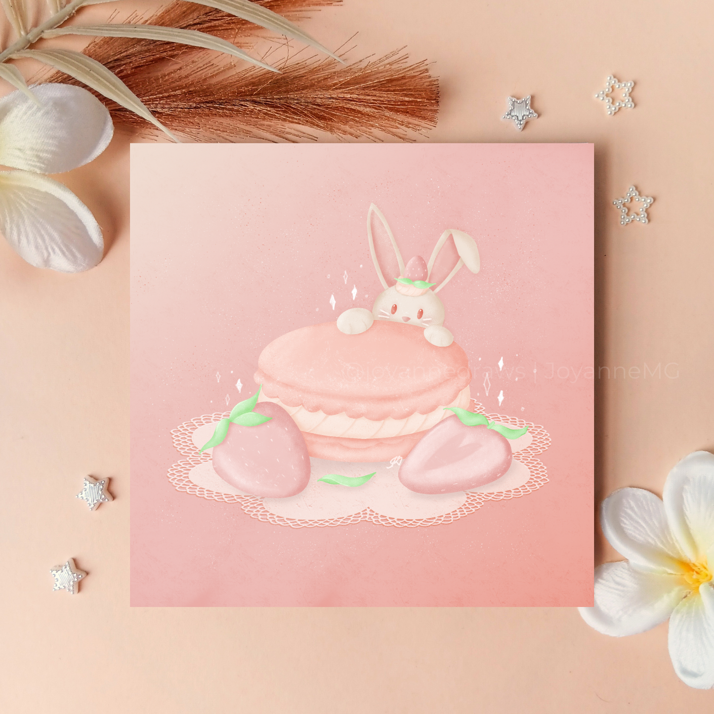Strawbunny Macaron Art Print